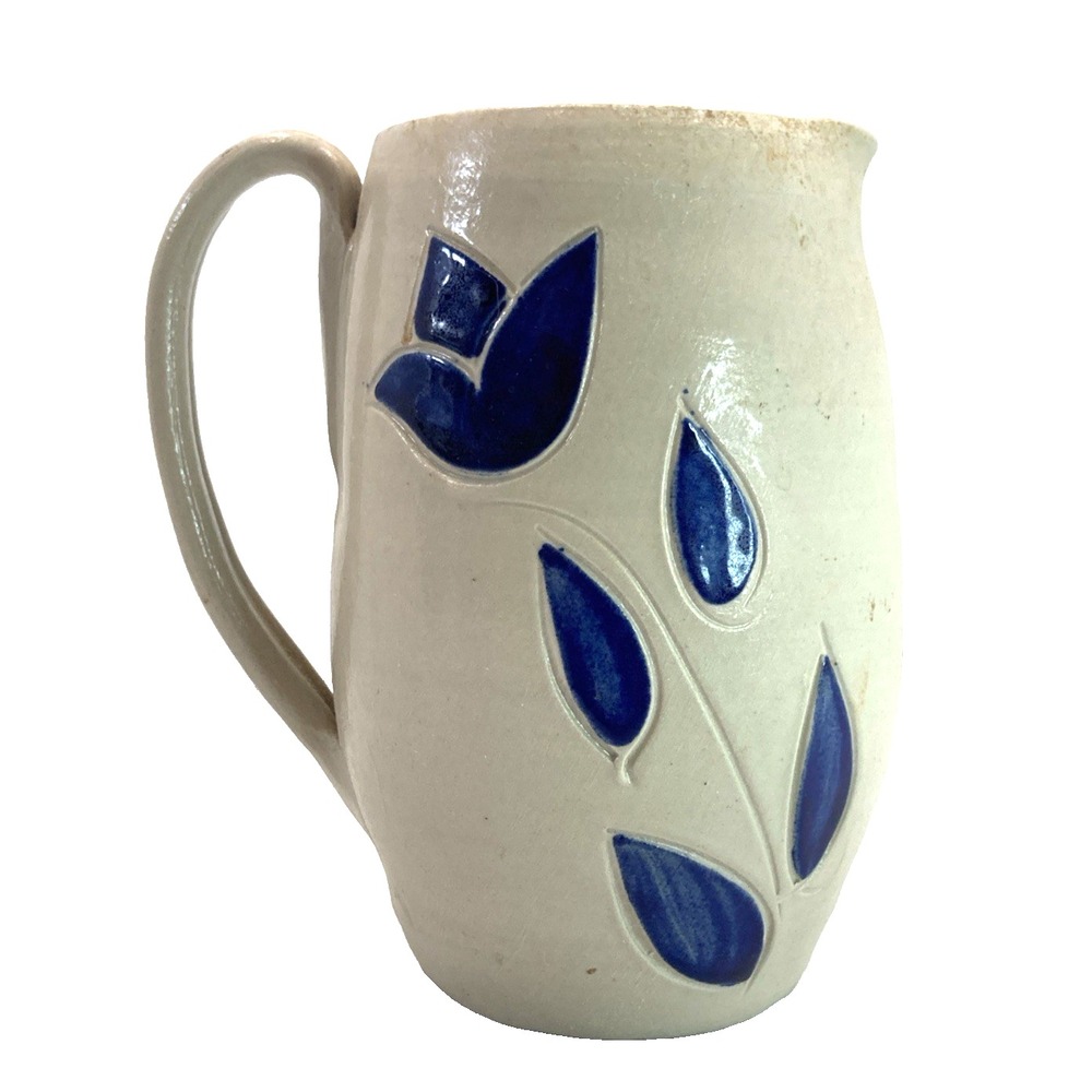 Vtg Williamsburg Art Pottery Salt Glazed Cobalt Blue Leaves Pitcher Jug‎ Urn  6"